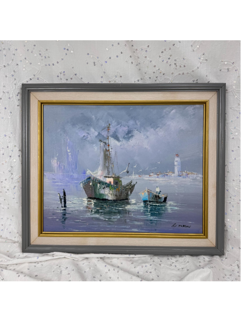 Vintage Signed Original Oil Painting 1970s Harbour Seascape Fishing Boats Lighth